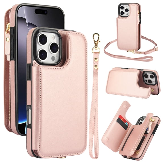 Wallet Case for iPhone 15 Pro Max, with Wrist and Shoulder Strap Kickstand Flip PU Leather 6 Card Slots Zipper Pocket Shockproof Protective Phone Case Cover for iPhone 15 Pro Max, Rosegold
