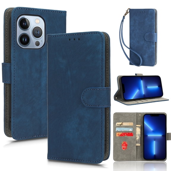 Wallet Case for iPhone 15 Pro Max,with RFID Blocking Credit Card Slots Holder,Magnetic Closure PU Leather Folio Kickstand with Hand Strap Shockproof Phone Cover For iPhone 15 Pro Max, Blue