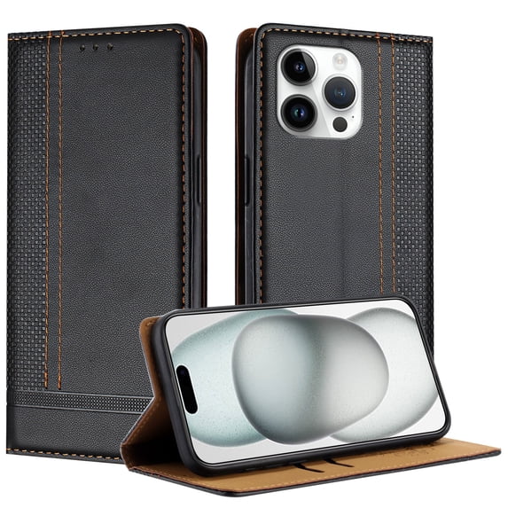 Wallet Case for iPhone 15 Pro, Premium PU Leather Magnetic Flip Folio Case with Credit Card Slots Multi-angle Kickstand Shockproof Protective Phone Case Cover, Black