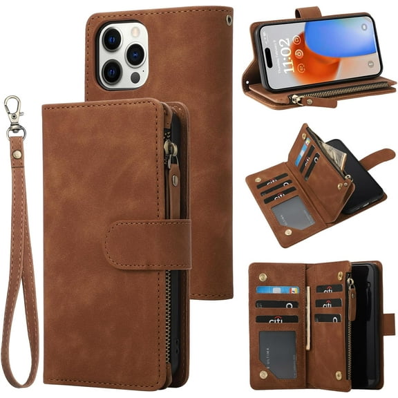 Wallet Case for iPhone 15 Pro with RFID Blocking Credit Card Holder, Premium PU Leather [Zipper Pocket] Flip Folio Case Wallet with Wrist Strap Kickstand Protective Case 6.1 Inch (Brown)