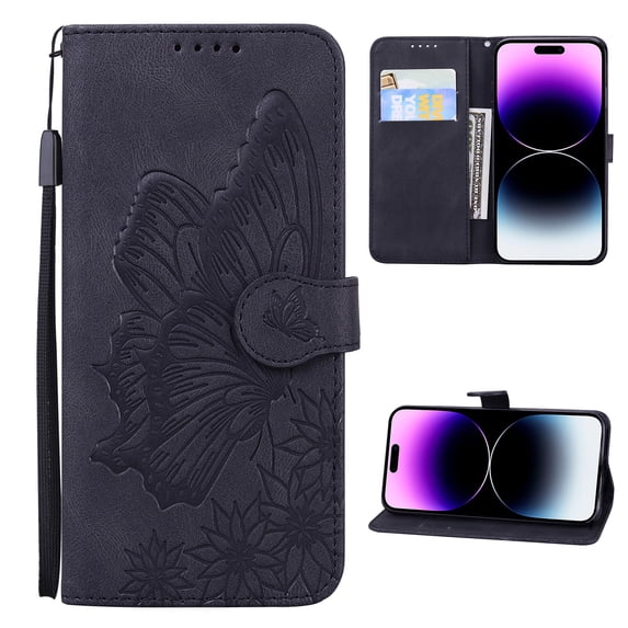 Wallet Case for iPhone 15 Pro, Vintage Design Embossed Butterfly Pattern PU Leather Book Style Shockproof Cover with Card Holder Stand Magnetic Clasp Case for iPhone 15 Pro, Black