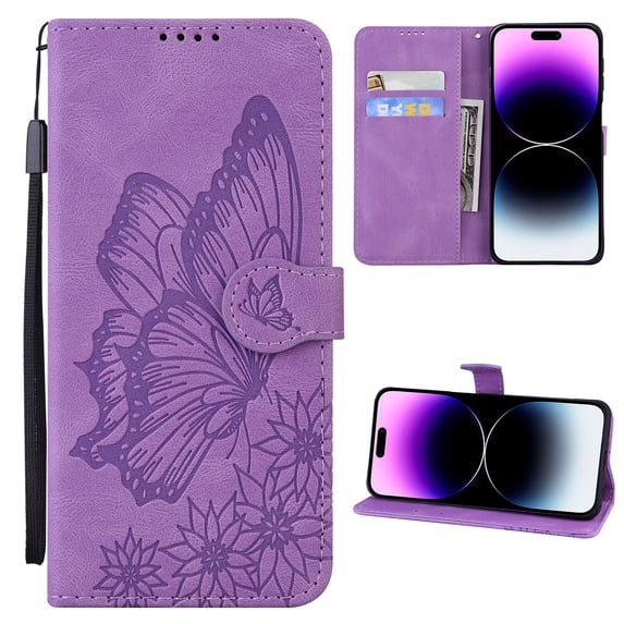 Wallet Case for iPhone 15 Pro, Vintage Design Embossed Butterfly Pattern PU Leather Book Style Shockproof Cover with Card Holder Stand Magnetic Clasp Case for iPhone 15 Pro, Purple