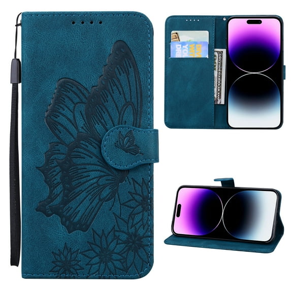 Wallet Case for iPhone 15 Pro, Vintage Design Embossed Butterfly Pattern PU Leather Book Style Shockproof Cover with Card Holder Stand Magnetic Clasp Case for iPhone 15 Pro, Blue