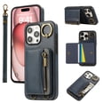 thumbnail image 1 of Wallet Case for iPhone 15 Pro, with Wrist Strap 360 Rotating Finger Ring Flip Zipper PU Leather Stand Card Slots Shockproof Drop Protective Phone Cover Girls Women Magnetic Buckle, Blue, 1 of 8