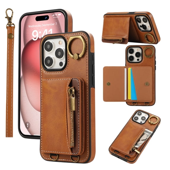 Wallet Case for iPhone 15 Pro, with Wrist Strap 360 Rotating Finger Ring Flip Zipper PU Leather Stand Card Slots Shockproof Drop Protective Phone Cover Girls Women Magnetic Buckle, Brown