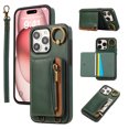 thumbnail image 1 of Wallet Case for iPhone 15 Pro, with Wrist Strap 360 Rotating Finger Ring Flip Zipper PU Leather Stand Card Slots Shockproof Drop Protective Phone Cover Girls Women Magnetic Buckle, Green, 1 of 8