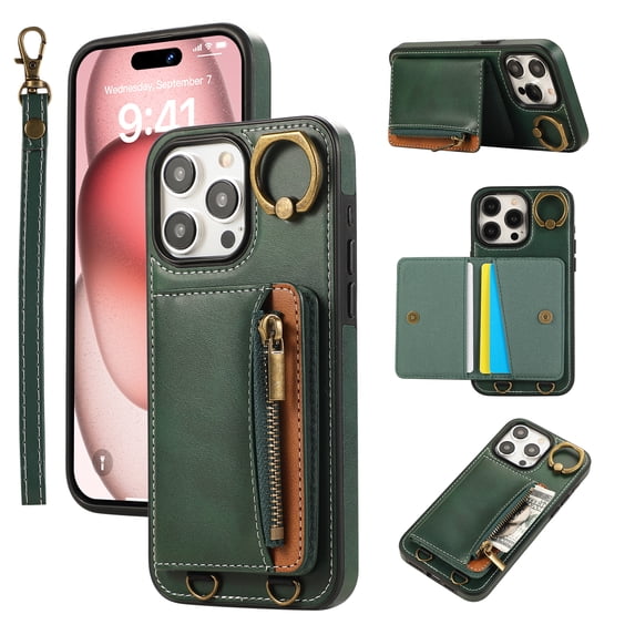 Wallet Case for iPhone 15 Pro, with Wrist Strap 360 Rotating Finger Ring Flip Zipper PU Leather Stand Card Slots Shockproof Drop Protective Phone Cover Girls Women Magnetic Buckle, Green