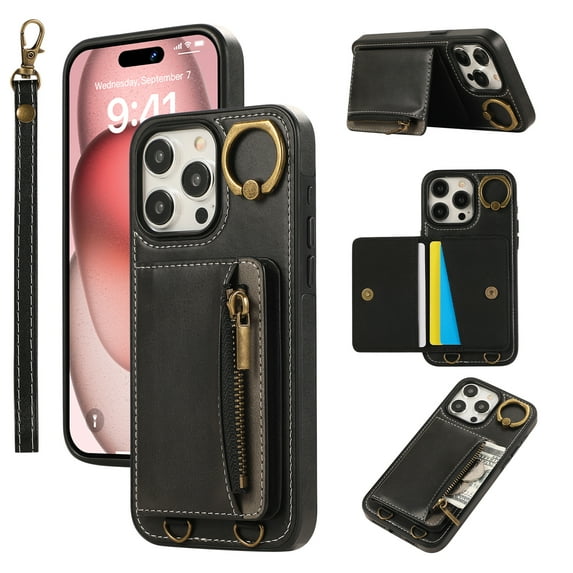 Wallet Case for iPhone 15 Pro, with Wrist Strap 360 Rotating Finger Ring Flip Zipper PU Leather Stand Card Slots Shockproof Drop Protective Phone Cover Girls Women Magnetic Buckle, Black