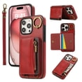 thumbnail image 1 of Wallet Case for iPhone 15 Pro, with Wrist Strap 360 Rotating Finger Ring Flip Zipper PU Leather Stand Card Slots Shockproof Drop Protective Phone Cover Girls Women Magnetic Buckle, Red, 1 of 8
