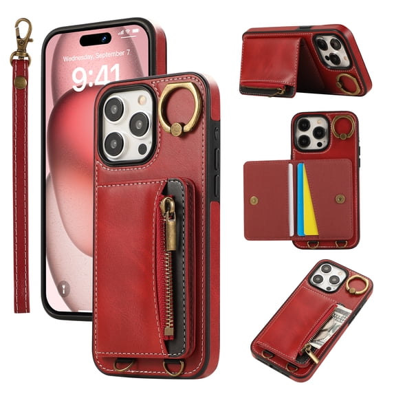 Wallet Case for iPhone 15 Pro, with Wrist Strap 360 Rotating Finger Ring Flip Zipper PU Leather Stand Card Slots Shockproof Drop Protective Phone Cover Girls Women Magnetic Buckle, Red