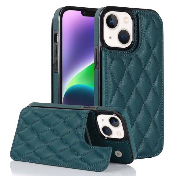Wallet Case for iPhone 15, RFID Blocking Card Slots Holder PU Leather Fashion Back Flip Cover with Kickstand Magnetic Buttons Shockproof Case for iPhone 15, Darkgreen
