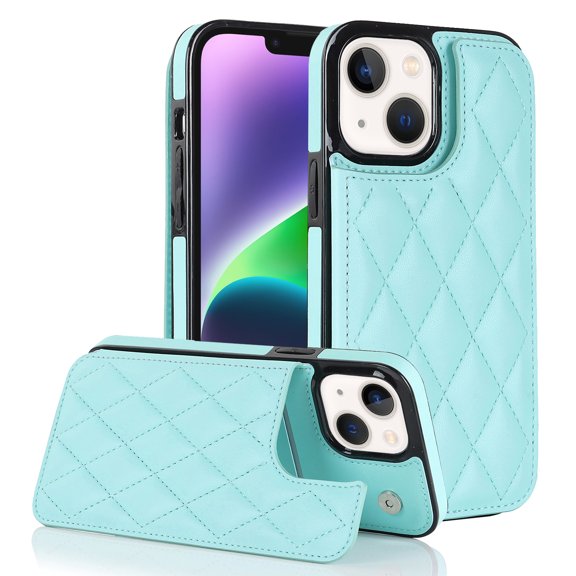 Wallet Case for iPhone 15, RFID Blocking Card Slots Holder PU Leather Fashion Back Flip Cover with Kickstand Magnetic Buttons Shockproof Case for iPhone 15, Mint