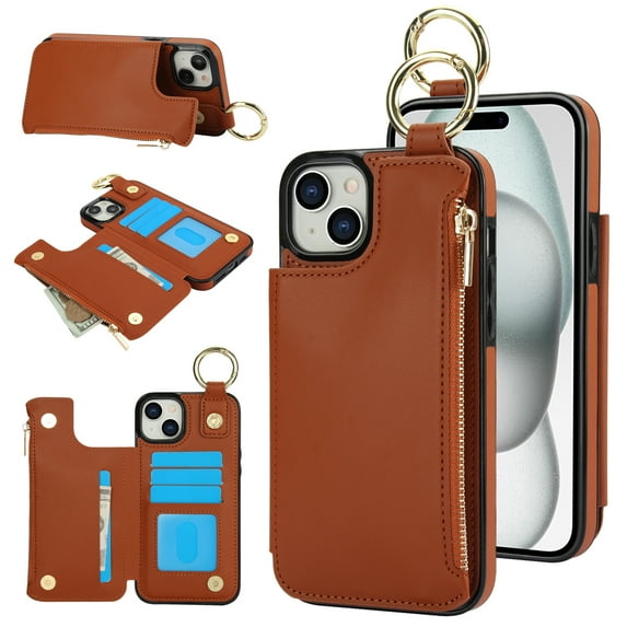 Wallet Case for iPhone 15 with Shoulder Strap & RFID Blocking Card Slots Holder Kickstand & Finger Ring, Magnetic Flip Folio Zipper Purse Case, PU Leather Cover Handbag, Brown