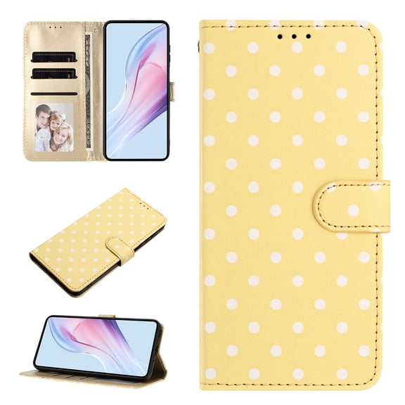 Wallet Case for iPhone 15, Wave Point Pattern Phone Case with Kickstand, 3 Card Slots and Cash Pocket Full Body Shock-Resistant Protective Folio Cover for Women Girls, Yellow