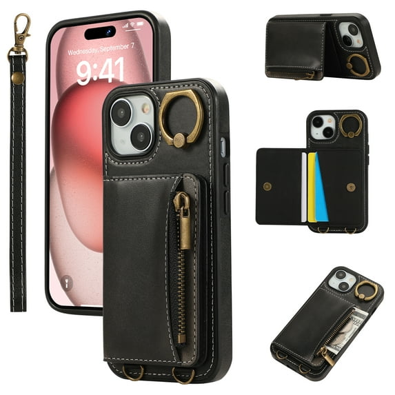 Wallet Case for iPhone 15, with Wrist Strap 360 Rotating Finger Ring Flip Zipper PU Leather Stand Card Slots Shockproof Drop Protective Phone Cover Girls Women Magnetic Buckle, Black
