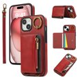 thumbnail image 1 of Wallet Case for iPhone 15, with Wrist Strap 360 Rotating Finger Ring Flip Zipper PU Leather Stand Card Slots Shockproof Drop Protective Phone Cover Girls Women Magnetic Buckle, Red, 1 of 7