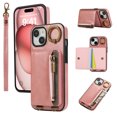 thumbnail image 1 of Wallet Case for iPhone 15, with Wrist Strap 360 Rotating Finger Ring Flip Zipper PU Leather Stand Card Slots Shockproof Drop Protective Phone Cover Girls Women Magnetic Buckle, Pink, 1 of 7