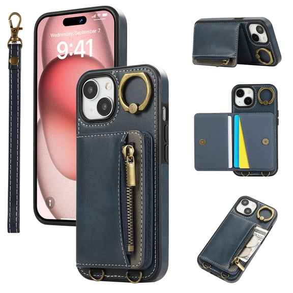 Wallet Case for iPhone 15, with Wrist Strap 360 Rotating Finger Ring Flip Zipper PU Leather Stand Card Slots Shockproof Drop Protective Phone Cover Girls Women Magnetic Buckle, Blue
