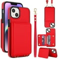 thumbnail image 1 of Wallet Case for iPhone 15, with Wrist Strap and Shoulder Strap, RFID Blocking Card Slots, Classic Kickstand Magnetic Flip PU Leather Phone Case Cover for iPhone 15, Red, 1 of 8
