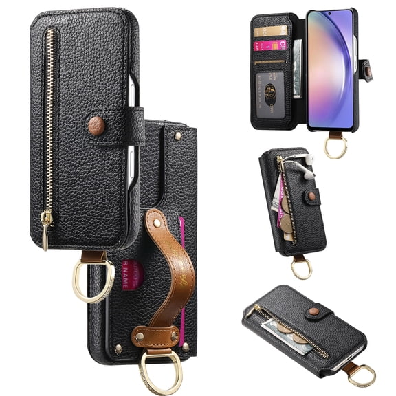 Wallet Case For iPhone 15 with Zipper Pocket RFID Blocking Card Holder, Premium PU Leather Folio Cover Handle Strap Kickstand with Ring Holder Grip Shockproof Case,Black