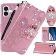thumbnail image 1 of Wallet Case for iPhone 16/ Apple 16 6.1" with Card Slot Holder Kickstand, Glitter Bling Diamond Rhinestone Owl PU Leather Flip Folio Cover with Wrist Strap for Apple iPhone 16 MTY-Rose Gold, 1 of 7