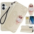 thumbnail image 1 of Wallet Case for iPhone 16/ Apple 16 6.1" with Card Slot Holder Kickstand, Glitter Bling Diamond Rhinestone Owl PU Leather Flip Folio Cover with Wrist Strap for Apple iPhone 16 MTY-Gold, 1 of 14