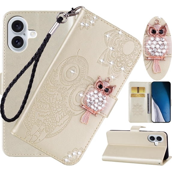 Wallet Case for iPhone 16/ Apple 16 6.1" with Card Slot Holder Kickstand, Glitter Bling Diamond Rhinestone Owl PU Leather Flip Folio Cover with Wrist Strap for Apple iPhone 16 MTY-Gold