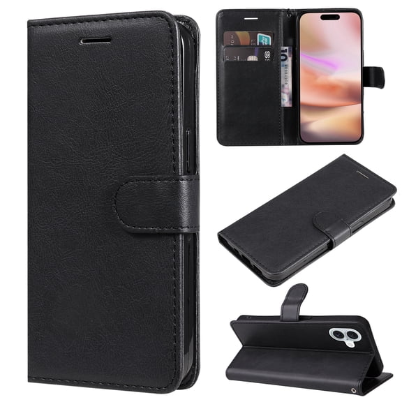 Wallet Case for iPhone 16 with Card Holder, PU Leather Flip Folio Shell Wrist Strap Stand Function Magnetic Closure Shockproof Protective Phone Cover for iPhone 16, Black
