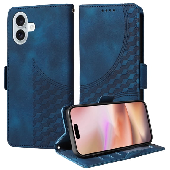 Wallet Case for iPhone 16 Case Premium Pattern PU Leather Flip Purse Cover with Card Holder Magnetic Closure Shockproof Protective Phone Case with Wrist Strap & Flip Kickstand, Blue