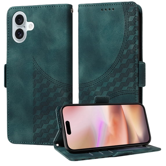 Wallet Case for iPhone 16 Case Premium Pattern PU Leather Flip Purse Cover with Card Holder Magnetic Closure Shockproof Protective Phone Case with Wrist Strap & Flip Kickstand, Green