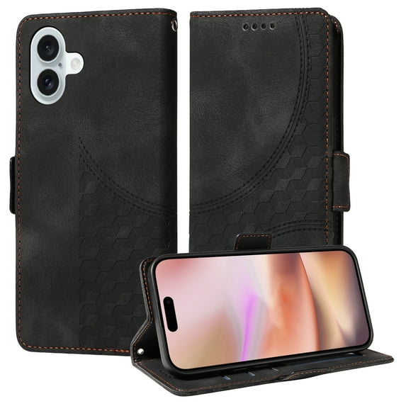 Wallet Case for iPhone 16 Case Premium Pattern PU Leather Flip Purse Cover with Card Holder Magnetic Closure Shockproof Protective Phone Case with Wrist Strap & Flip Kickstand, Black
