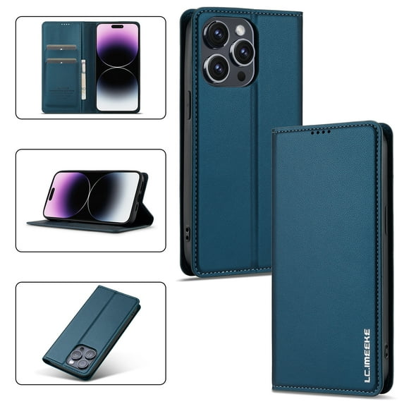 Wallet Case for iPhone 16, Classic Shockproof PU Leather Magnetic Flip Cover with Card Holder Stand Feature and Full Body Protection Phone Case Cover for iPhone 16, Blue