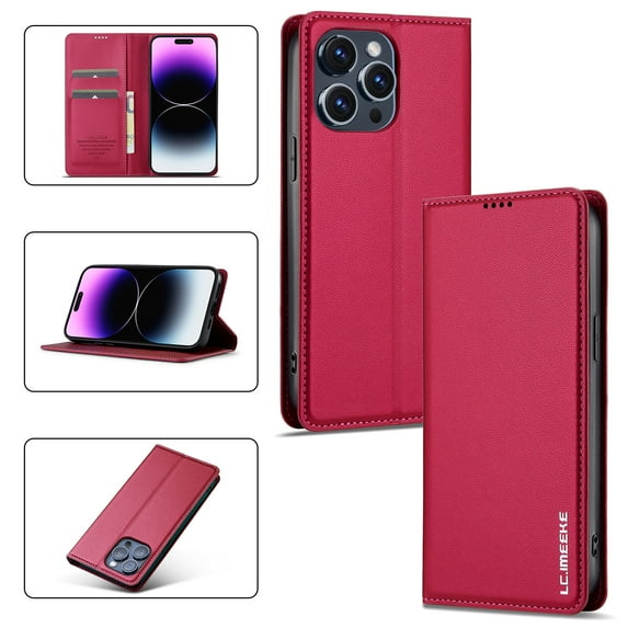 Wallet Case for iPhone 16, Classic Shockproof PU Leather Magnetic Flip Cover with Card Holder Stand Feature and Full Body Protection Phone Case Cover for iPhone 16, Red