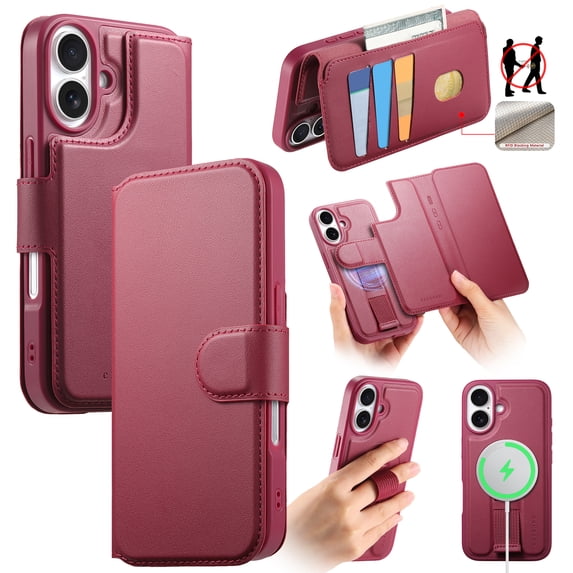 Wallet Case for iPhone 16 Compatible with Mag-Safe, 2-in-1 PU Leather Flip Cover with RFID Blocking Card Holder Stand Shockproof Detachable Magnetic Case for iPhone 16, Red