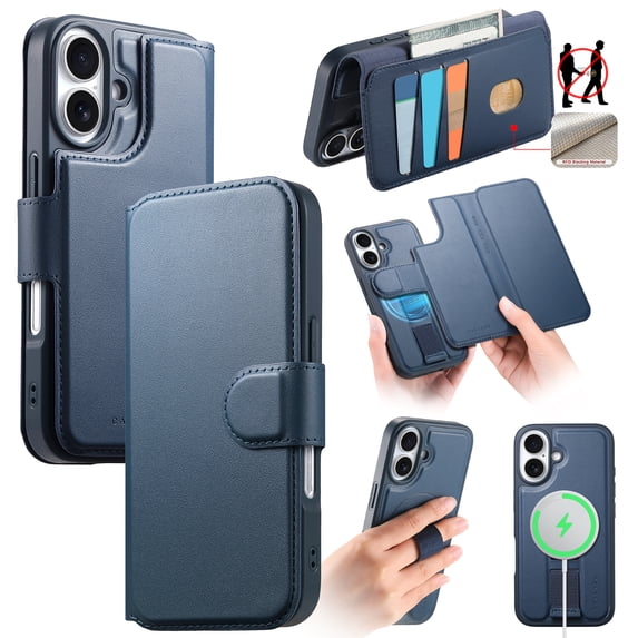 Wallet Case for iPhone 16 Compatible with Mag-Safe, 2-in-1 PU Leather Flip Cover with RFID Blocking Card Holder Stand Shockproof Detachable Magnetic Case for iPhone 16, Blue