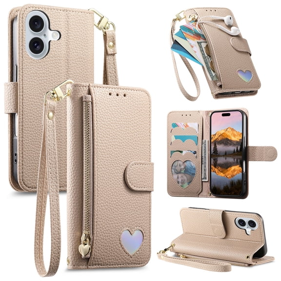 Wallet Case for iPhone 16 with Credit Card Holder & Wrist Hand Strap & Zipper Pocket, Magnetic Clasp PU Leather Shockproof Flip Kickstand Protective Cover for iPhone 16, Khaki