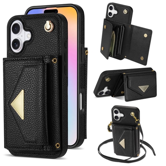 Wallet Case for iPhone 16, with Detachable Lanyard Cards Holder Premium PU Leather Shockproof Flip Cover Stand Anti-Scratch Protective Phone Cover for Apple iPhone 16, Black