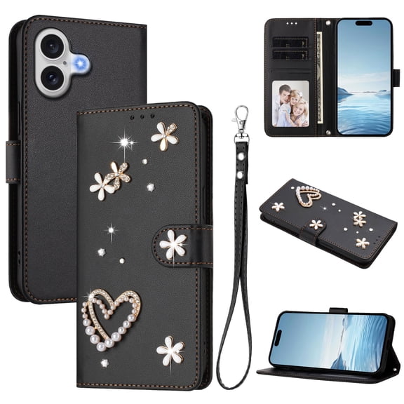 Wallet Case For iPhone 16, Elegant 3D Floral Pearl Heart Bling Rhinestone PU Leather Flip Cover with Card Holder Wrist Strap Kickstand & Magnetic Closure for Women Girls, Black