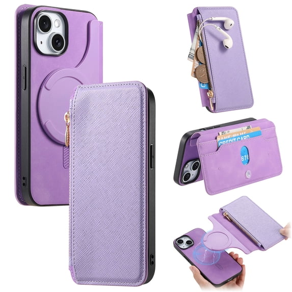 Wallet Case for iPhone 16 Flip Magnetic Closure Cover RFID Blocking Detachable Credit Card Holder Zipper Pouch Kickstand TPU Shockproof Case Compatible with MagSafe For iPhone 16, Purple