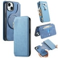 thumbnail image 1 of Wallet Case for iPhone 16 Flip Magnetic Closure Cover RFID Blocking Detachable Credit Card Holder Zipper Pouch Kickstand TPU Shockproof Case Compatible with MagSafe For iPhone 16, Blue, 1 of 9