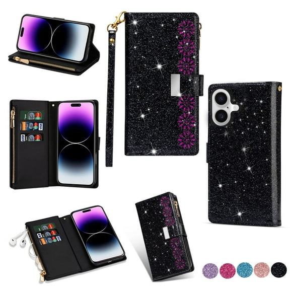 Wallet Case For iPhone 16 ,Glitter Sparkly Bling Flip Leather Zipper Pocket Magnetic Wallet Case with 9 Card Slot Kickstand Strap Phone Case For iPhone 16