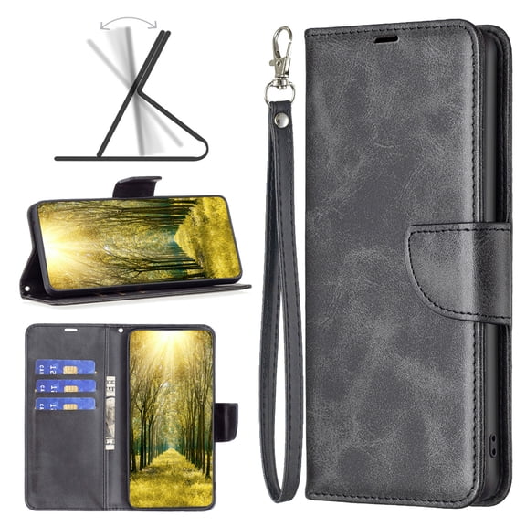 Wallet Case for iPhone 16, Magnetic Clasp RFID Blocking Credit Card Holder with Hand Strap, Premium PU Leather Folio Flip Kickstand Protective Shockproof Phone Cover,Black