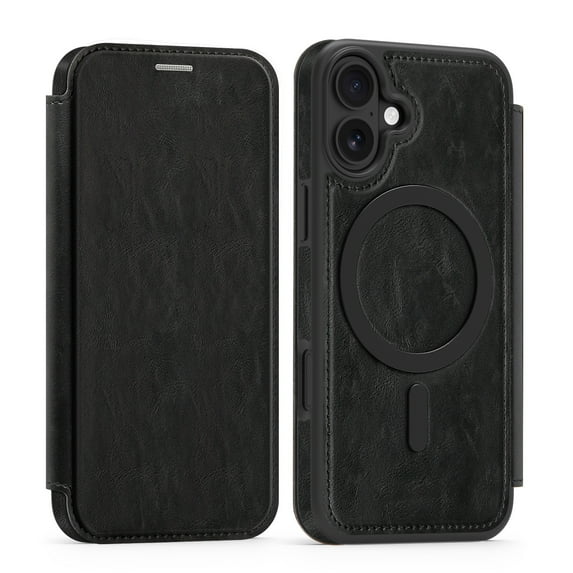 Wallet Case for iPhone 16, Magnetic Flip Kickstand Compatible with MagSafe, RFID Blocking Premium PU Leather Slim Shockproof Phone Case with Card Holder For iPhone 16,Black