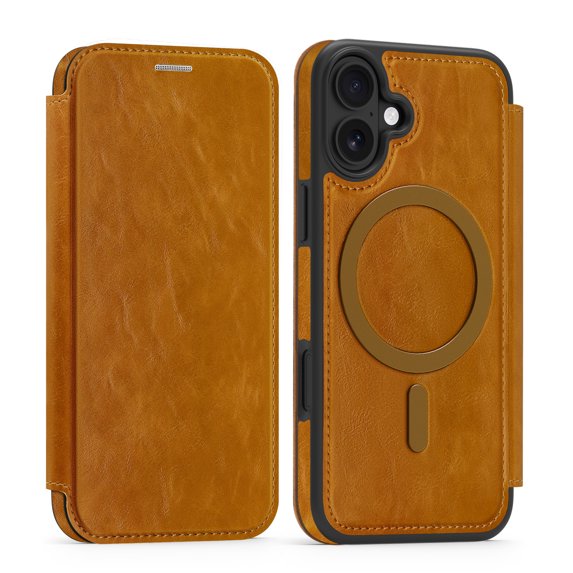 Wallet Case for iPhone 16, Magnetic Flip Kickstand Compatible with MagSafe, RFID Blocking Premium PU Leather Slim Shockproof Phone Case with Card Holder For iPhone 16,Brown