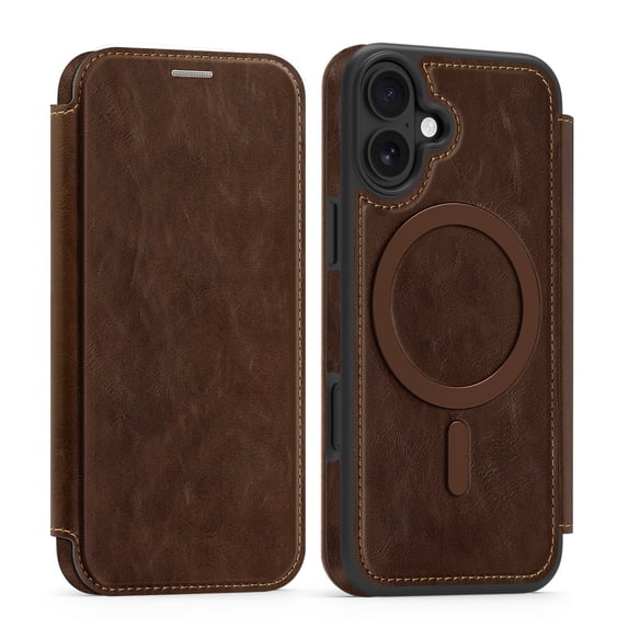 Wallet Case for iPhone 16, Magnetic Flip Kickstand Compatible with MagSafe, RFID Blocking Premium PU Leather Slim Shockproof Phone Case with Card Holder For iPhone 16,Coffee