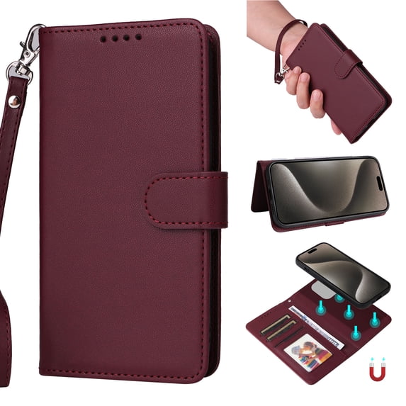 Wallet Case for iPhone 16, PU Leather Detachable Magnetic Inner Case with Kickstand Card Holder Hand Strap for iPhone 16 Flip Wallet 2 In 1 Cover for Women Men - Winered