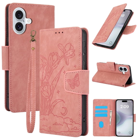 Wallet Case for iPhone 16,PU Leather Wallet Flip Protective Phone Case Wrist Strap Card Slots Holder Pocket Emboss Butterfly Flower Stand Shockproof Phone Case for iPhone 16,Pink