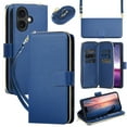 thumbnail image 1 of Wallet Case for iPhone 16, PU Leather TPU Protective Rugged Cover with Credit Card Slots Cash Slot Zipper Pocket Magnetic Closure Kickstand Wrist Strap & Adjustable Shoulder Strap, Blue, 1 of 7