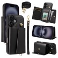thumbnail image 1 of Wallet Case for iPhone 16, PU Leather + TPU Shockproof Cover with Card Slots, Cash Pocket, Long & Short Straps, Kickstand, Button Closure, Gift for Women Men Family Friends, Black, 1 of 6