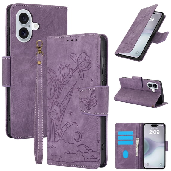 Wallet Case for iPhone 16,PU Leather Wallet Flip Protective Phone Case Wrist Strap Card Slots Holder Pocket Emboss Butterfly Flower Stand Shockproof Phone Case for iPhone 16,Purple